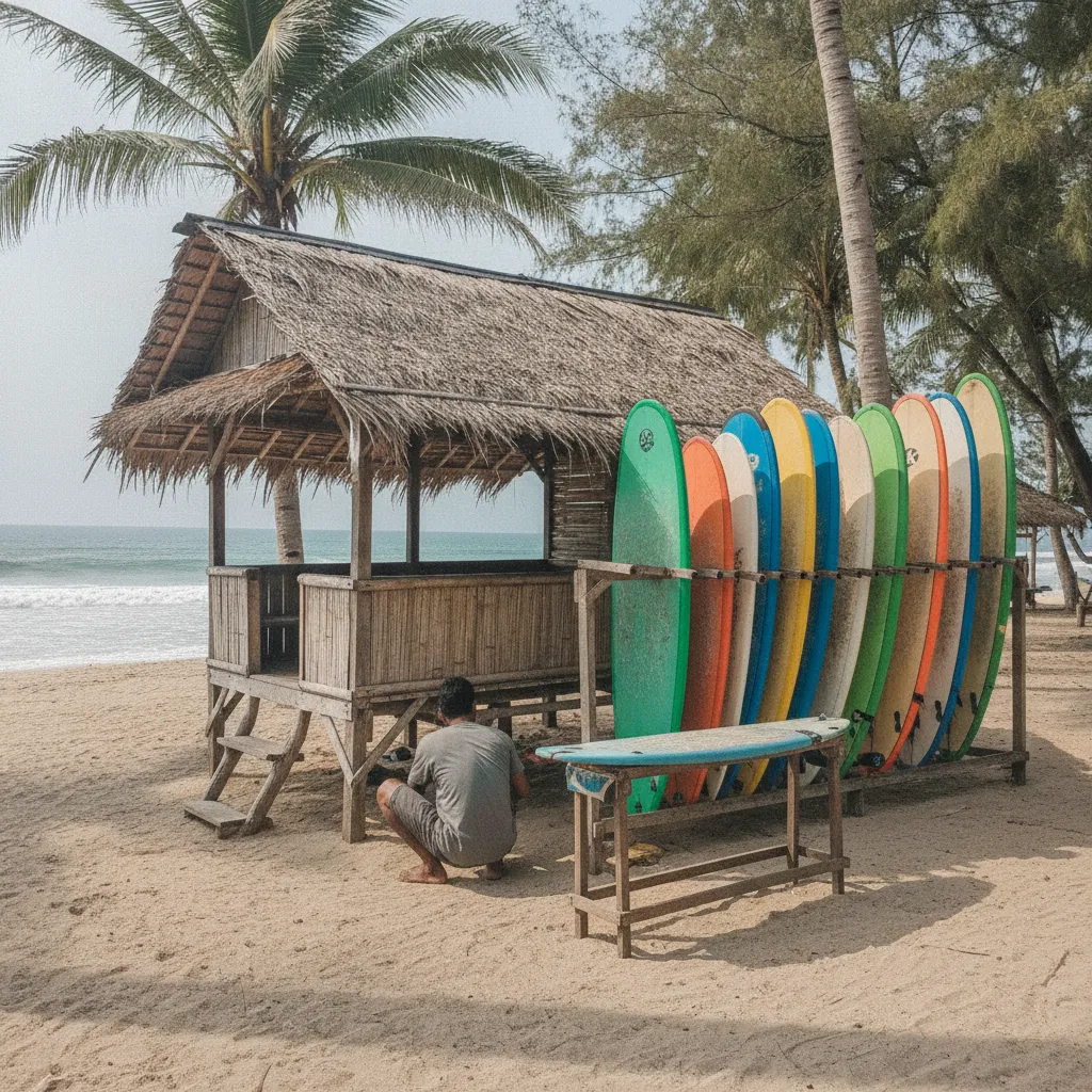 A beachside surfboard rental kiosk with a rack of boards, Bali