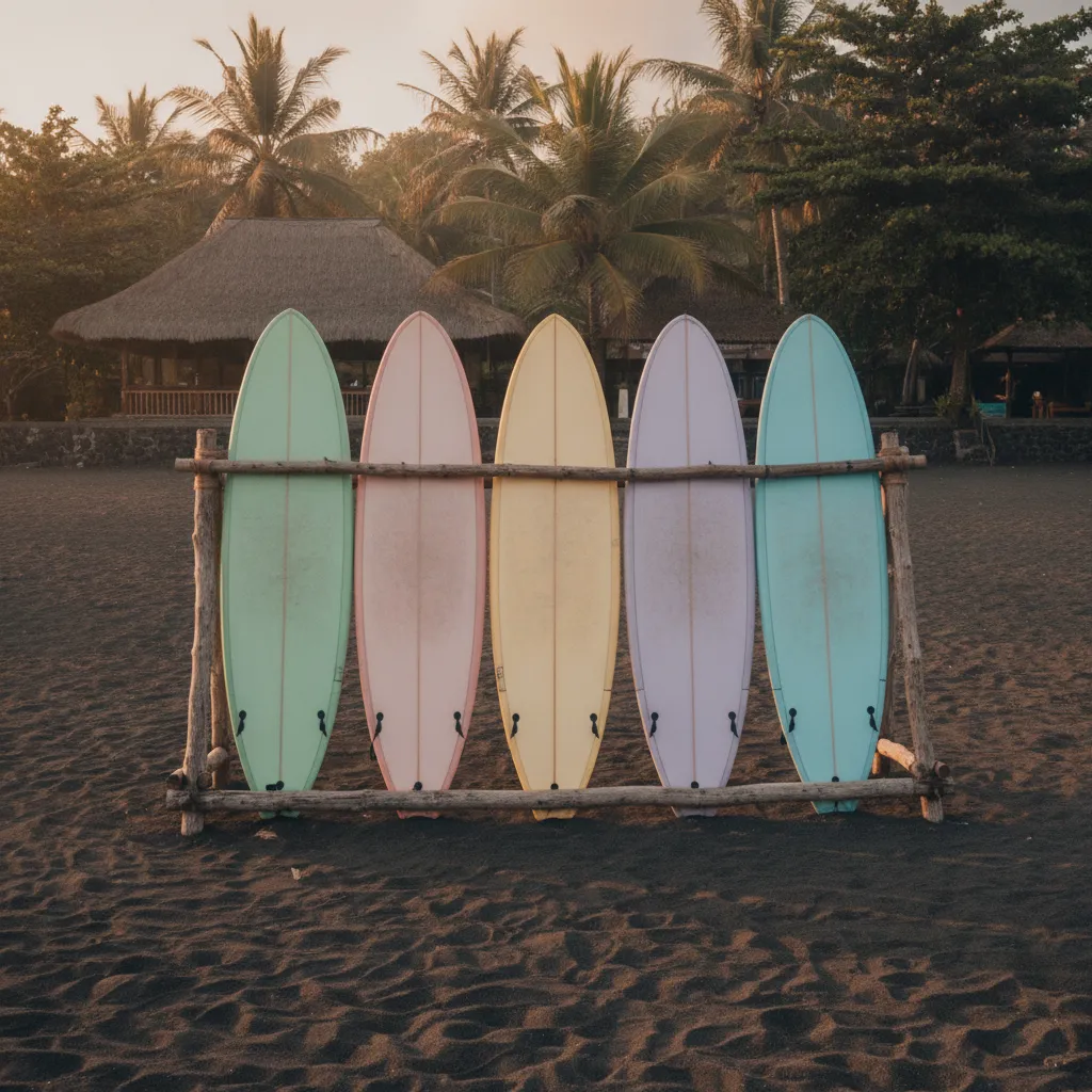A rack of fiberglass surfboards for rent on a Bali beach