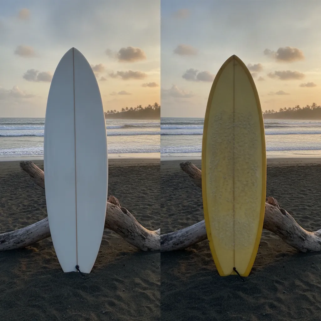 A rental surfboard laid on the sand next to a beach bag, Bali