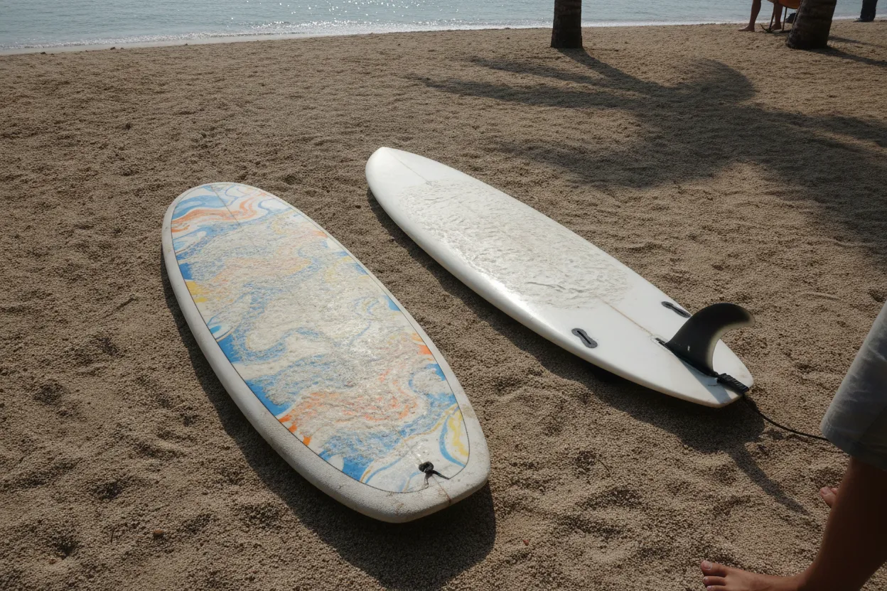 A soft-top foam surfboard laid side by side with a fiberglass hardboard on the sand, Bali