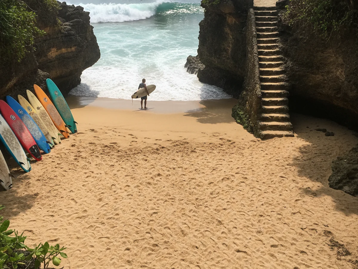 Surf lesson moment at Padang-Padang, Bali