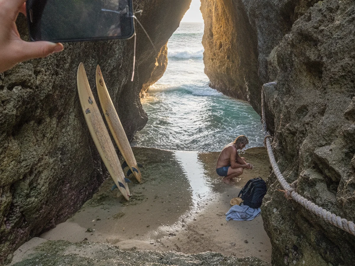 Surf lesson moment at Suluban (Blue Point), Bali