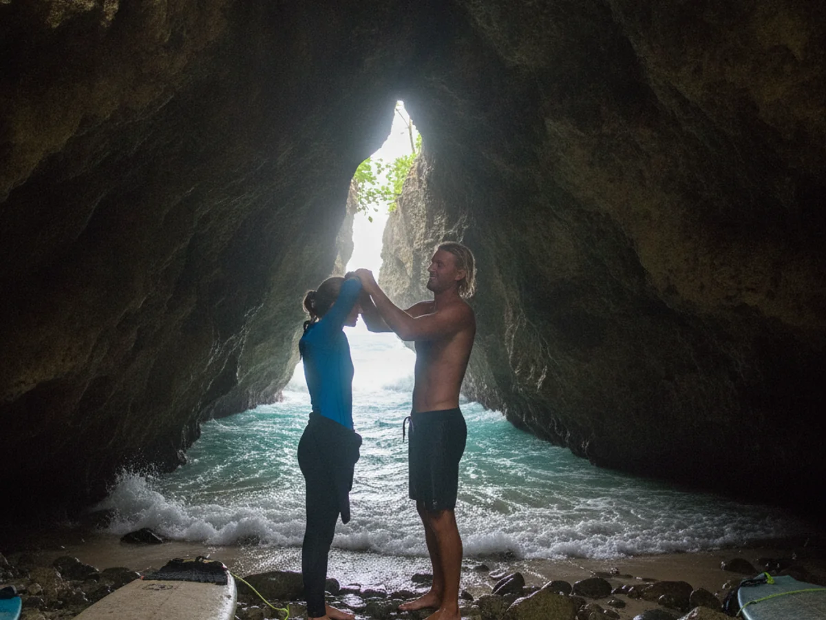 Surf lesson moment at Suluban (Blue Point), Bali