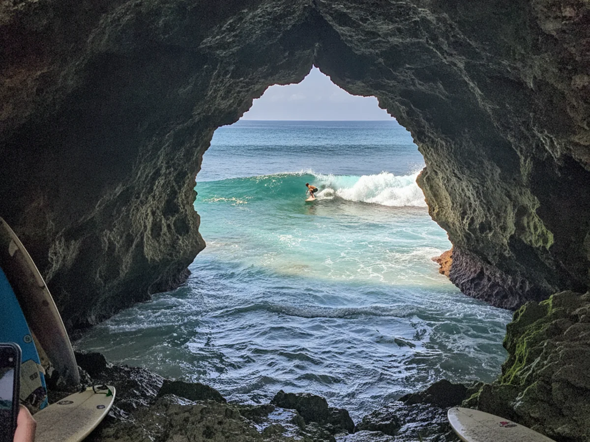 Surf lesson moment at Suluban (Blue Point), Bali